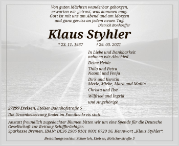 Traueranzeige von Klaus Styhler von SYK