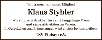 Traueranzeige von Klaus Styhler von SYK