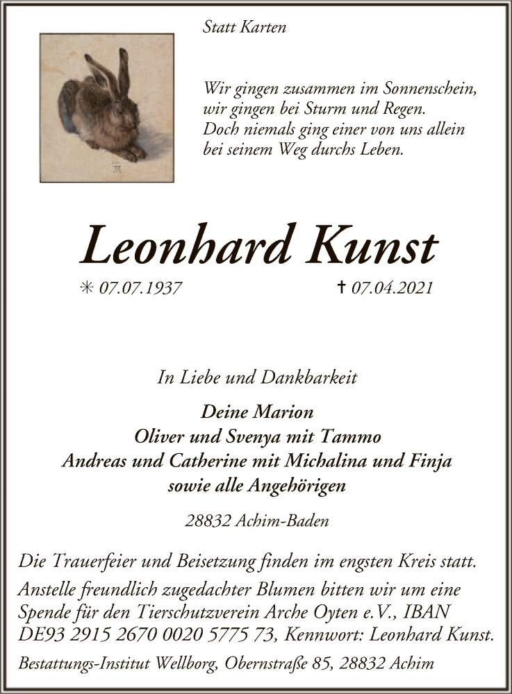  Traueranzeige für Leonhard Kunst vom 10.04.2021 aus SYK