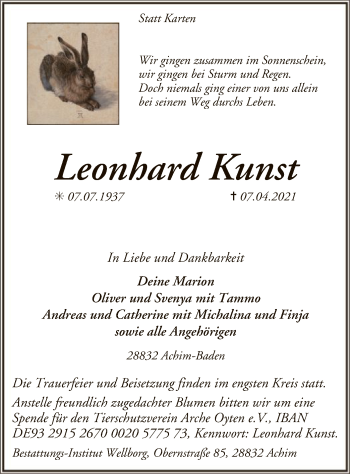 Traueranzeige von Leonhard Kunst von SYK