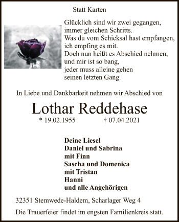 Traueranzeige von Lothar Reddehase von SYK