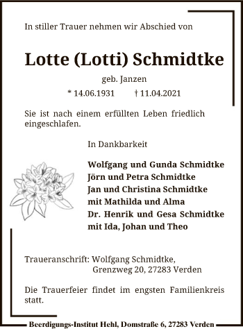 Traueranzeige von Lotte  Schmidtke von SYK