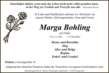 Traueranzeige von Marga Bohling von SYK