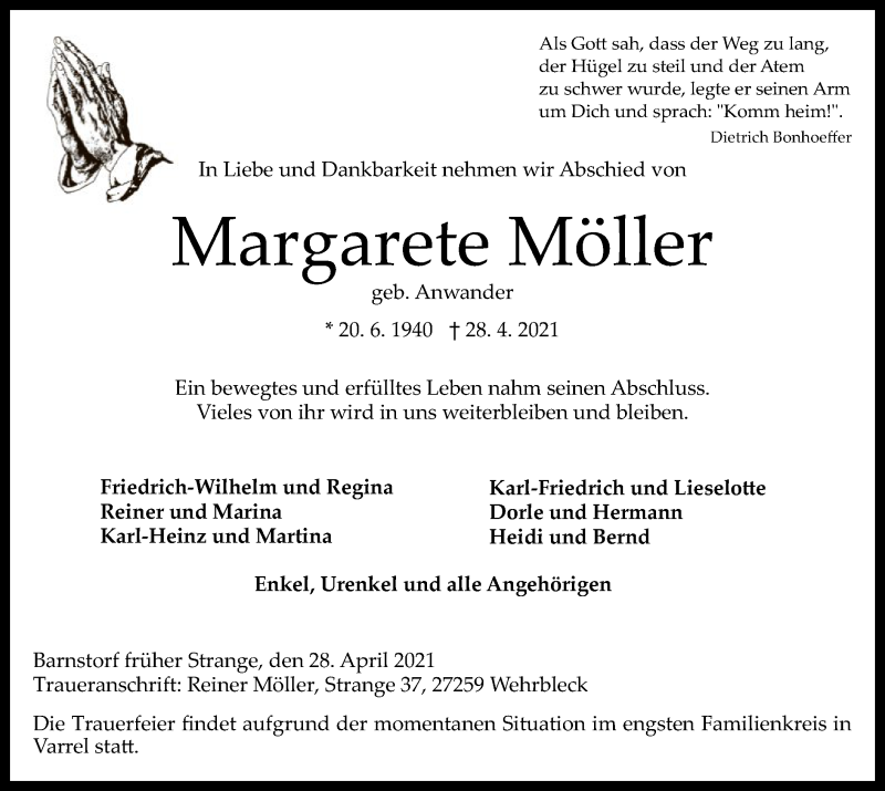  Traueranzeige für Margarete Möller vom 30.04.2021 aus SYK