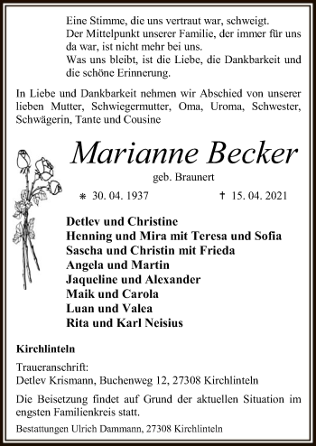 Traueranzeige von Marianne Becker von SYK