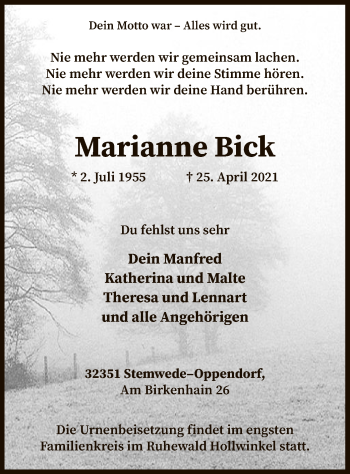 Traueranzeige von Marianne Bick von SYK