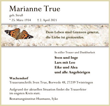 Traueranzeige von Marianne True von SYK