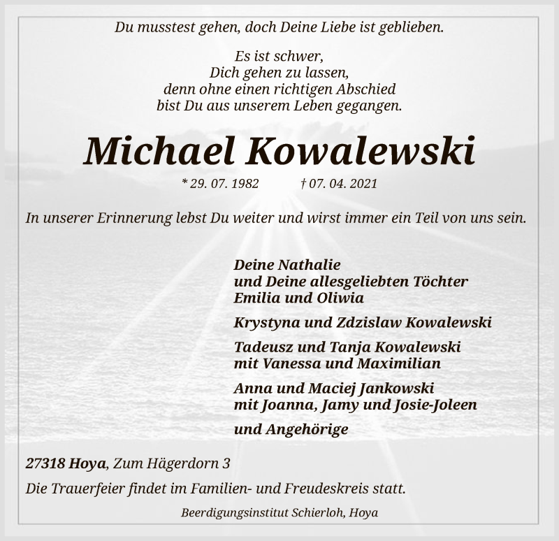  Traueranzeige für Michael Kowalewski vom 17.04.2021 aus SYK