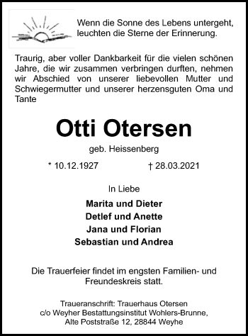 Traueranzeige von Otti Otersen von SYK