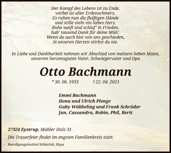 Traueranzeige von Otto Bachmann von SYK