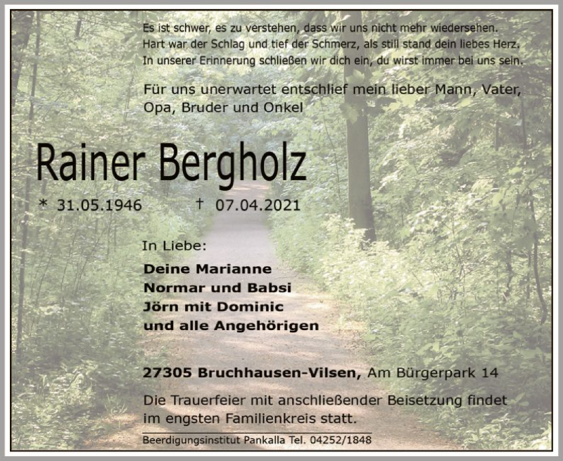  Traueranzeige für Rainer Bergholz vom 10.04.2021 aus SYK