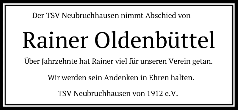  Traueranzeige für Rainer Oldenbüttel vom 01.04.2021 aus SYK