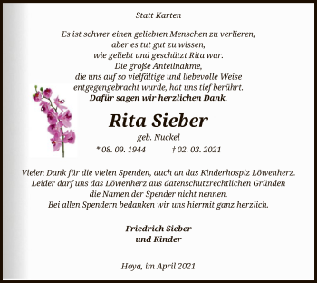 Traueranzeige von Rita Sieber von SYK