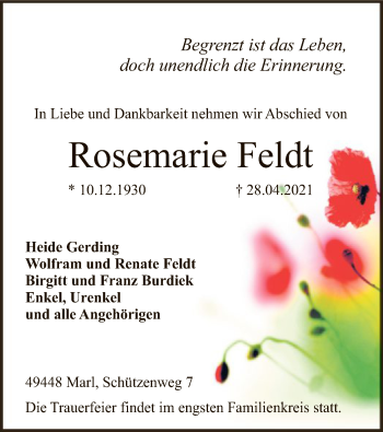 Traueranzeige von Rosemarie Feldt von SYK