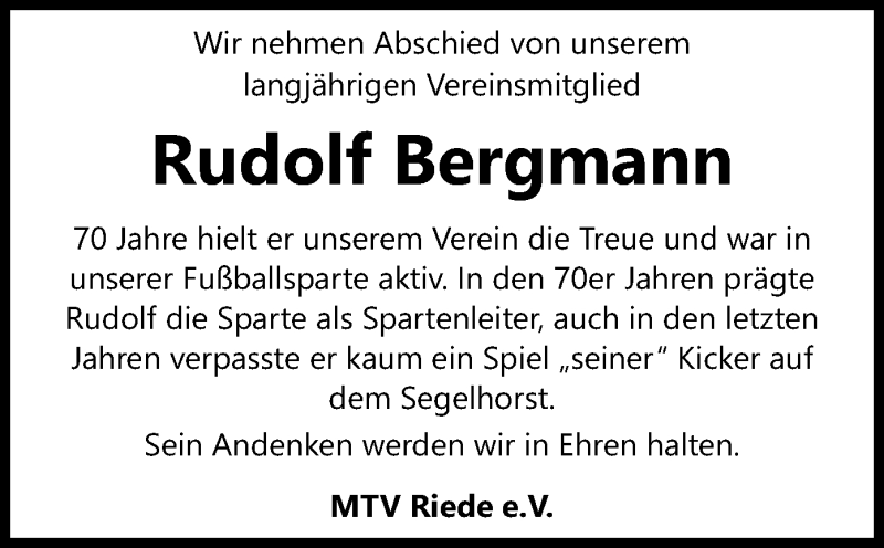  Traueranzeige für Rudolf Bergmann vom 21.04.2021 aus SYK