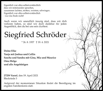 Traueranzeige von Siegfried Schröder von SYK