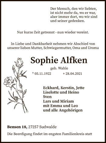 Traueranzeige von Sophie Alfken von SYK