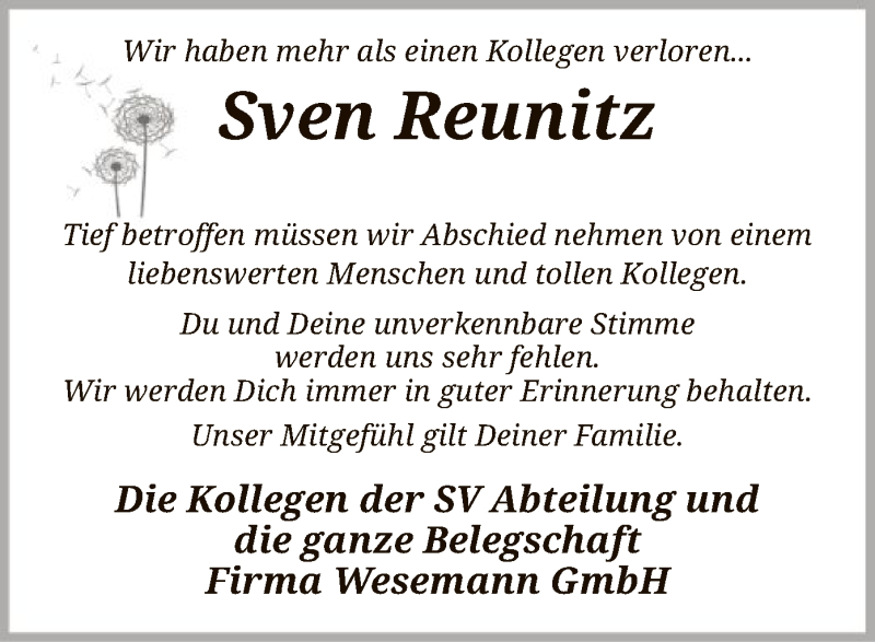 Traueranzeige für Sven Reunitz vom 03.04.2021 aus SYK