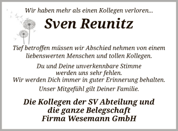 Traueranzeige von Sven Reunitz von SYK