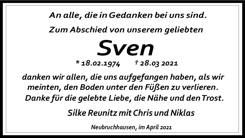  Traueranzeige für Sven Reunitz vom 29.04.2021 aus SYK