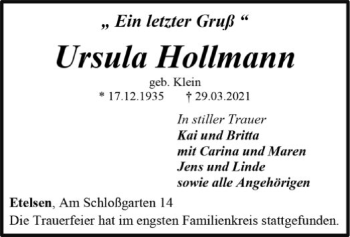 Traueranzeige von Ursula Hollmann von SYK