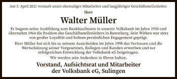 Traueranzeige von Walter Müller von SYK