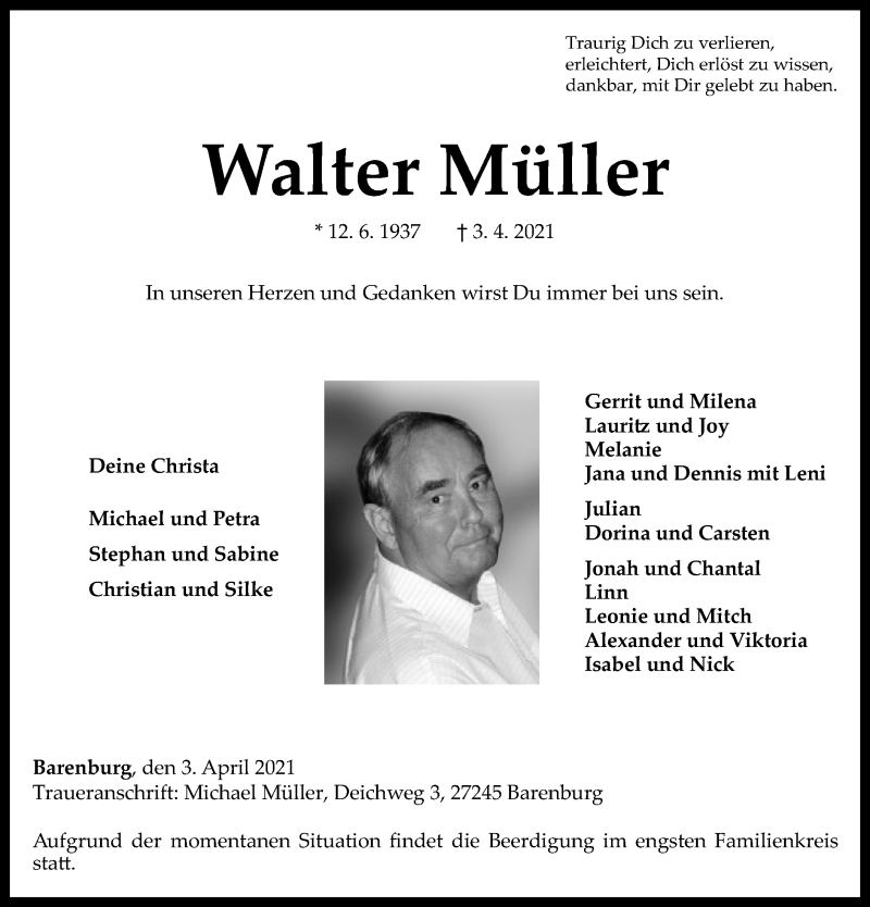  Traueranzeige für Walter Müller vom 07.04.2021 aus SYK