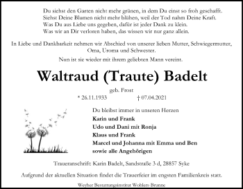 Traueranzeige von Waltraud Badelt von SYK