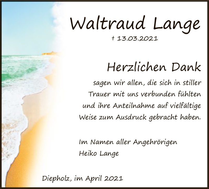  Traueranzeige für Waltraud Lange vom 10.04.2021 aus SYK