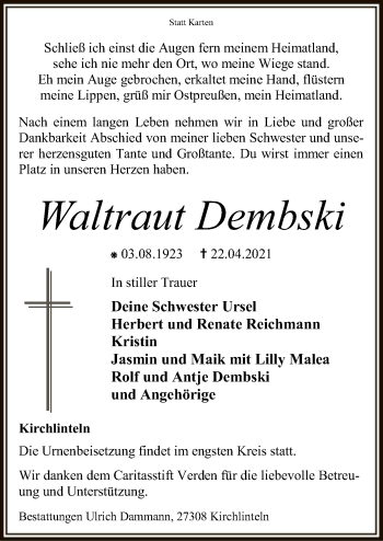 Traueranzeige von Waltraut Dembski von SYK