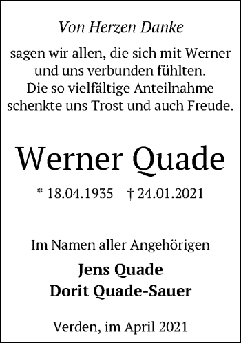 Traueranzeige von Werner Quade von SYK