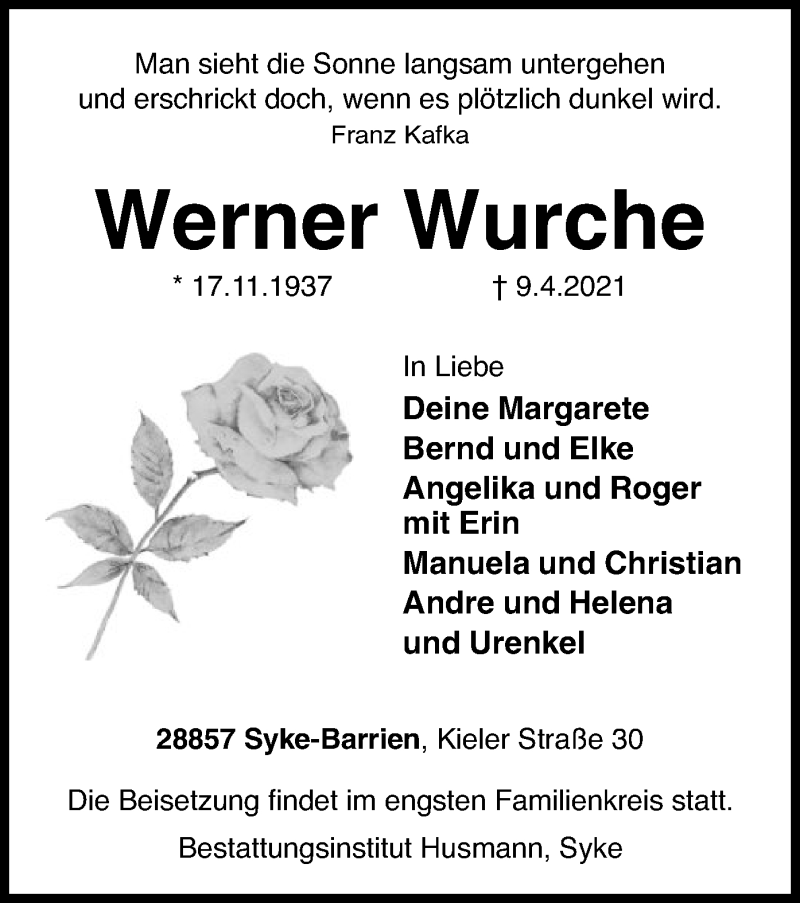  Traueranzeige für Werner Wurche vom 13.04.2021 aus SYK