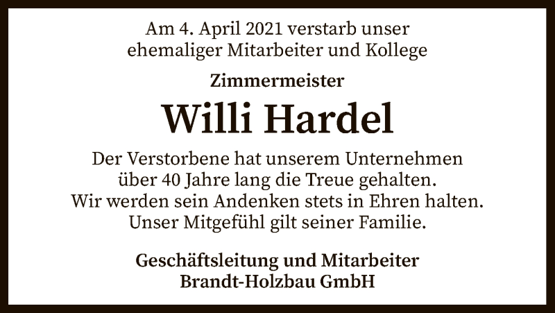  Traueranzeige für Willi Hardel vom 10.04.2021 aus SYK