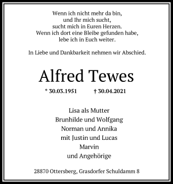 Traueranzeige von Alfred Tewes von SYK