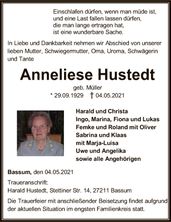 Traueranzeige von Anneliese Hustedt von SYK