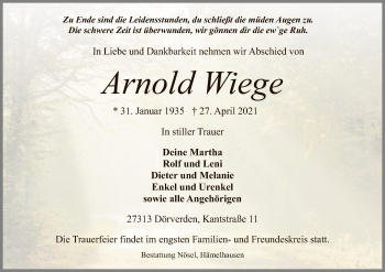 Traueranzeige von Arnold Wiege von SYK