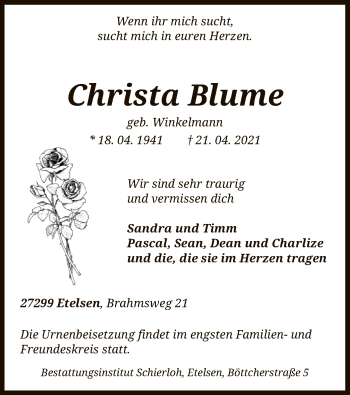 Traueranzeige von Christa Blume von SYK