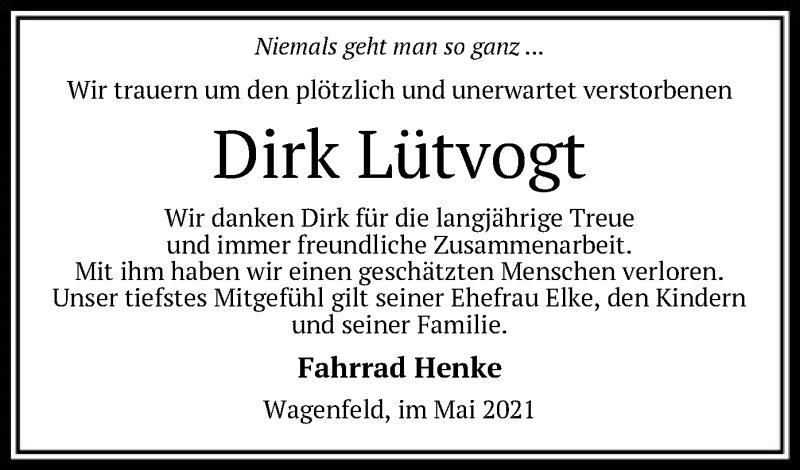  Traueranzeige für Dirk Lütvogt vom 05.05.2021 aus SYK