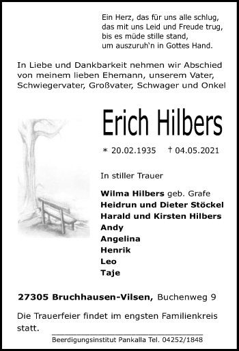 Traueranzeige von Erich Hilbers von SYK