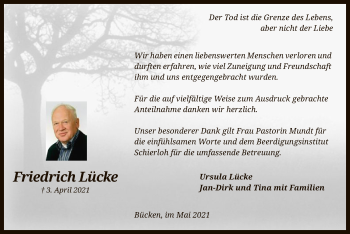 Traueranzeige von Friedrich Lücke von SYK