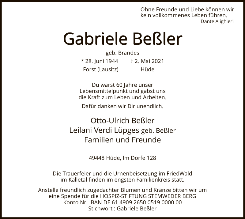  Traueranzeige für Gabriele Beßler vom 07.05.2021 aus SYK