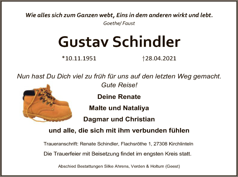  Traueranzeige für Gustav Schindler vom 05.05.2021 aus SYK