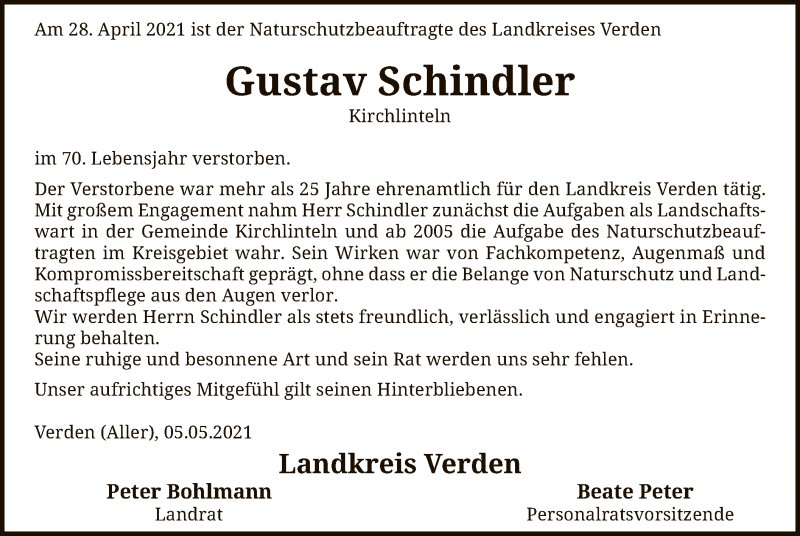  Traueranzeige für Gustav Schindler vom 05.05.2021 aus SYK