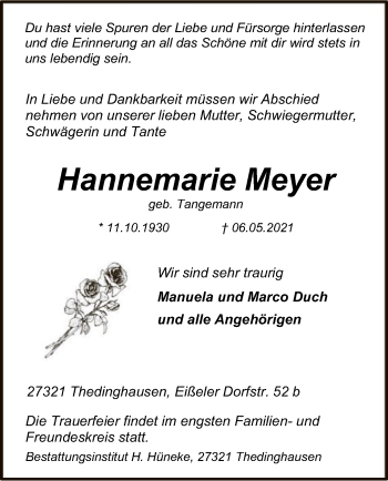 Traueranzeige von Hannemarie Meyer von SYK