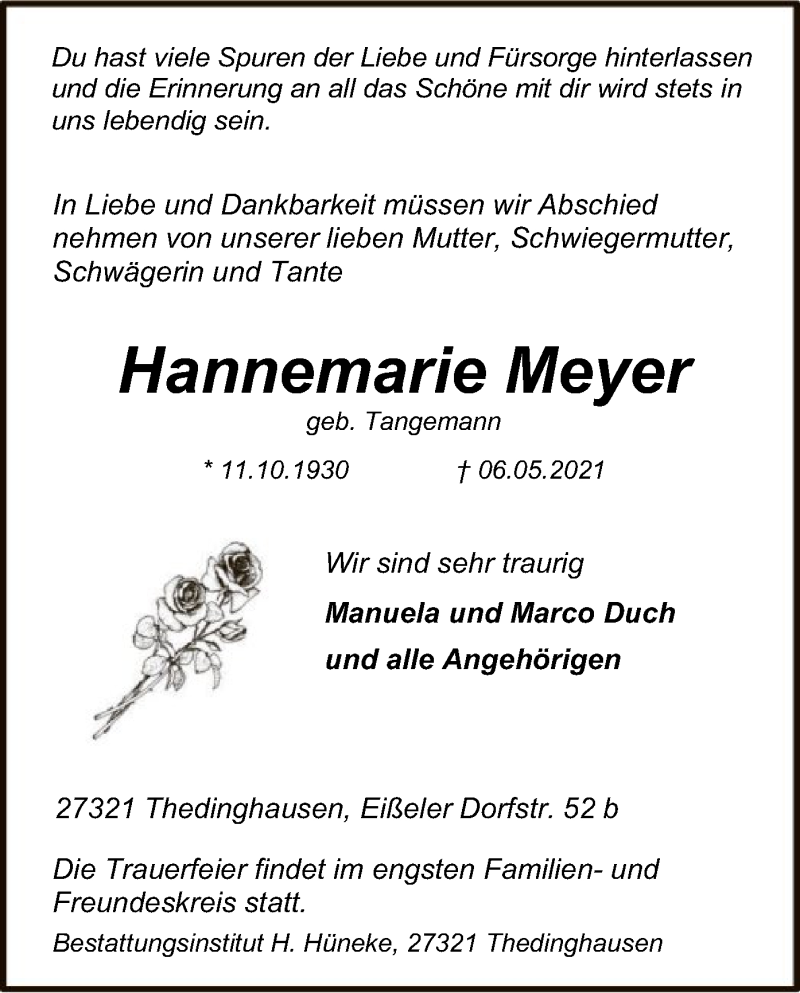  Traueranzeige für Hannemarie Meyer vom 08.05.2021 aus SYK