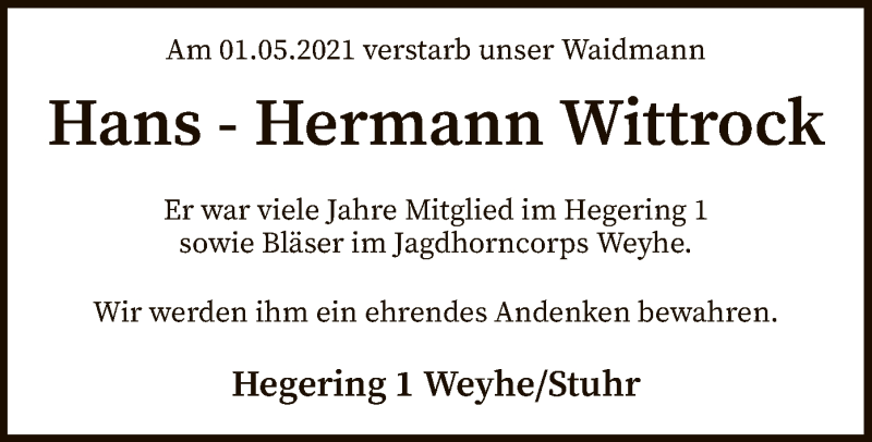  Traueranzeige für Hans-Hermann Wittrock vom 05.05.2021 aus SYK