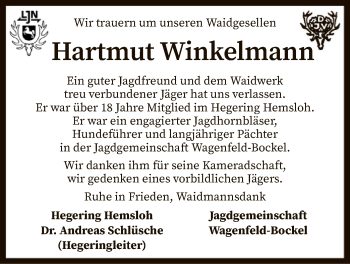 Traueranzeige von Hartmut Winkelmann von SYK