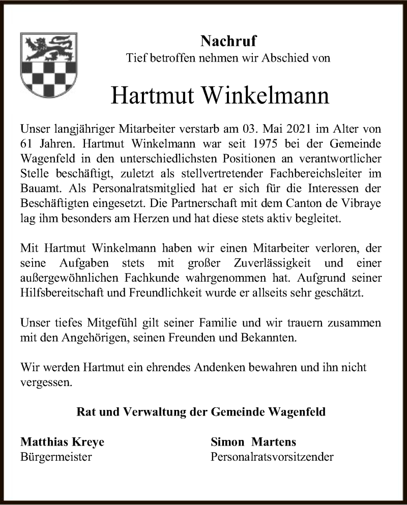  Traueranzeige für Hartmut Winkelmann vom 07.05.2021 aus SYK