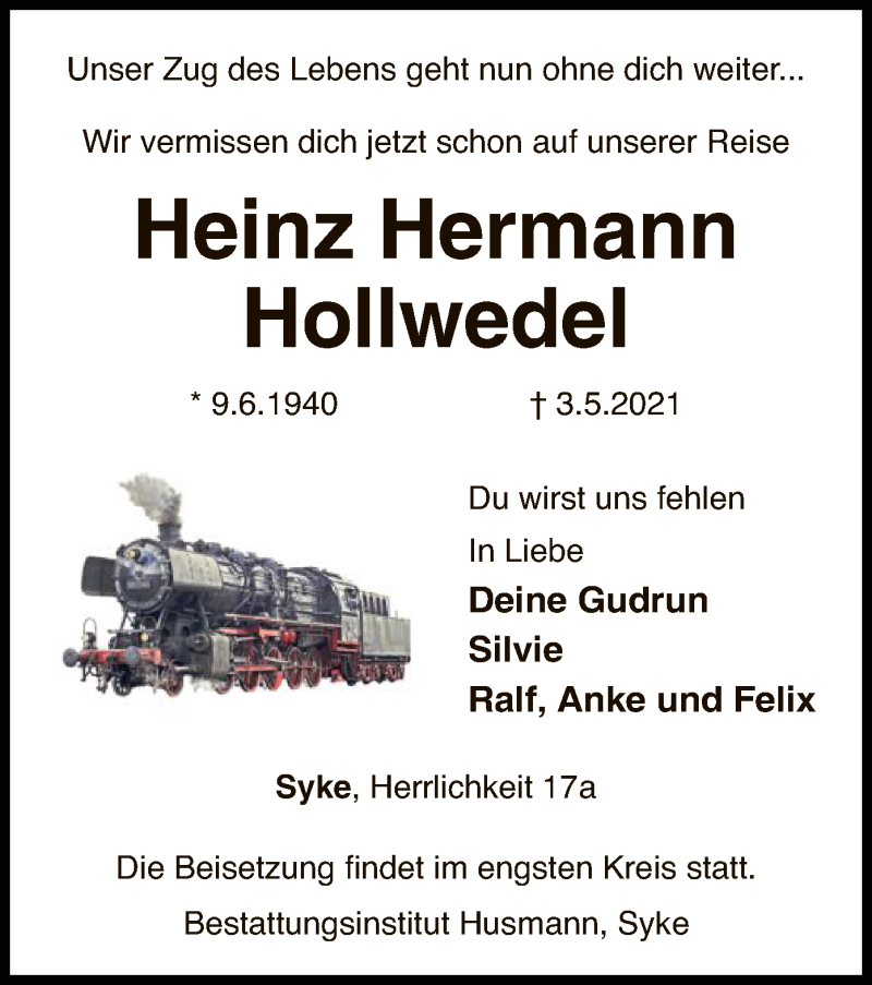  Traueranzeige für Heinz Hermann Hollwedel vom 05.05.2021 aus SYK