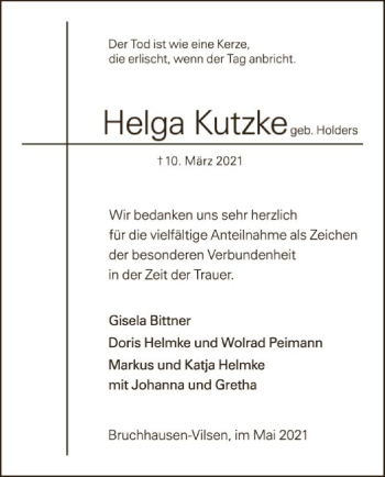 Traueranzeige von Helga Kutzke von SYK